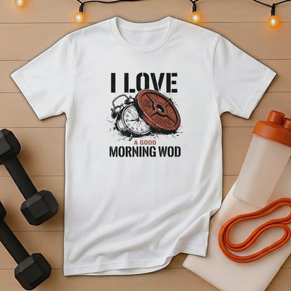 White t-shirt with "I LOVE A GOOD MORNING WOD" text and graphic.