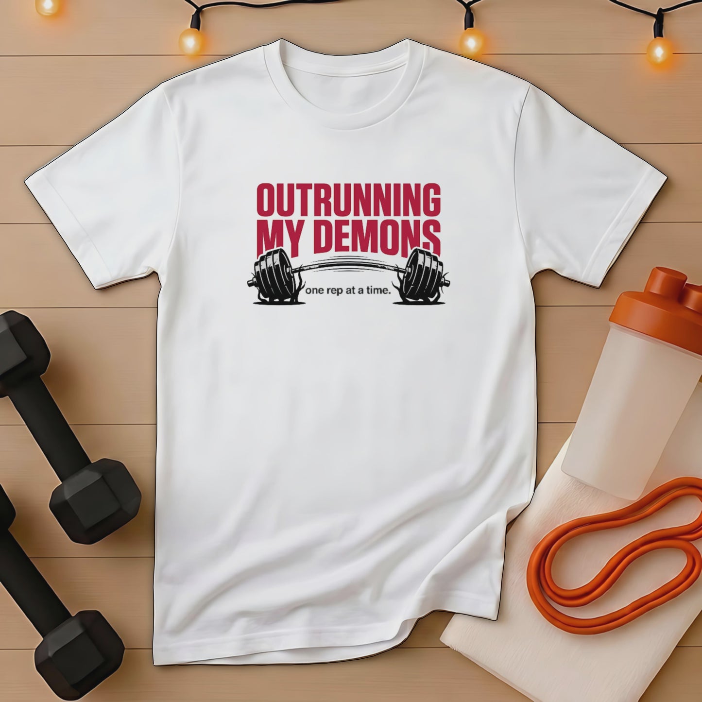 White t-shirt with "Outrunning My Demons" and barbell graphic.
