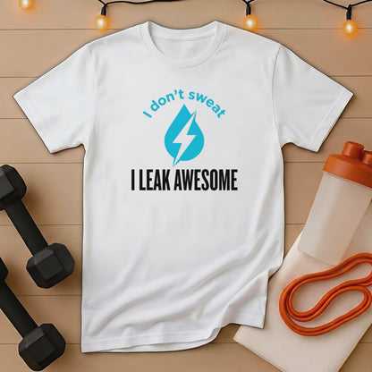 White t-shirt with blue and black text and a water droplet icon.