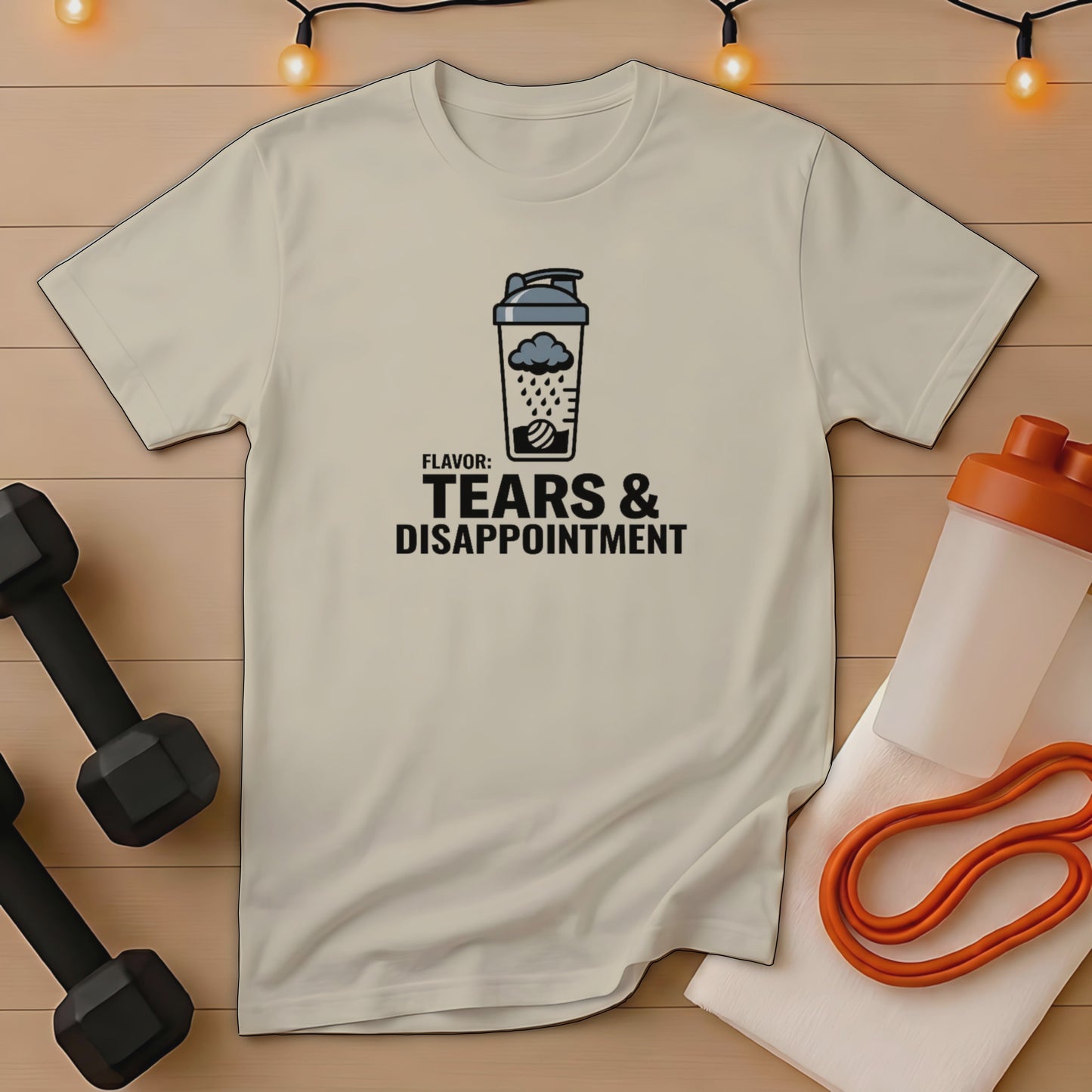 Cream t-shirt with "FLAVOR: TEARS & DISAPPOINTMENT" text and a rain cloud.