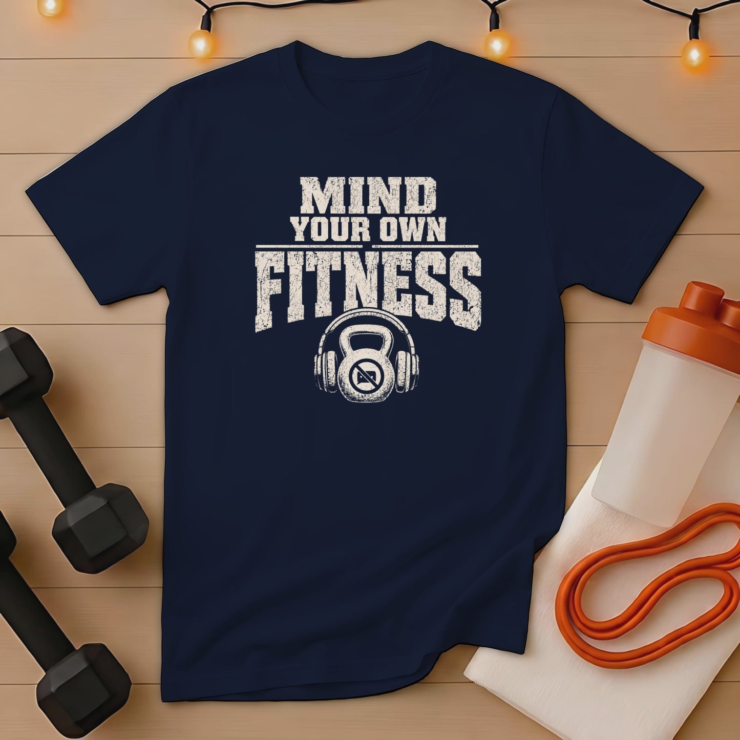 Navy t-shirt with "Mind Your Own Fitness" text and kettlebell graphic. Includes dumbbells and resistance band.