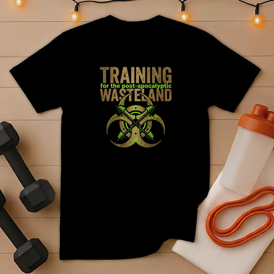 Black t-shirt with "Training for the post-apocalyptic wasteland" text and biohazard symbol.