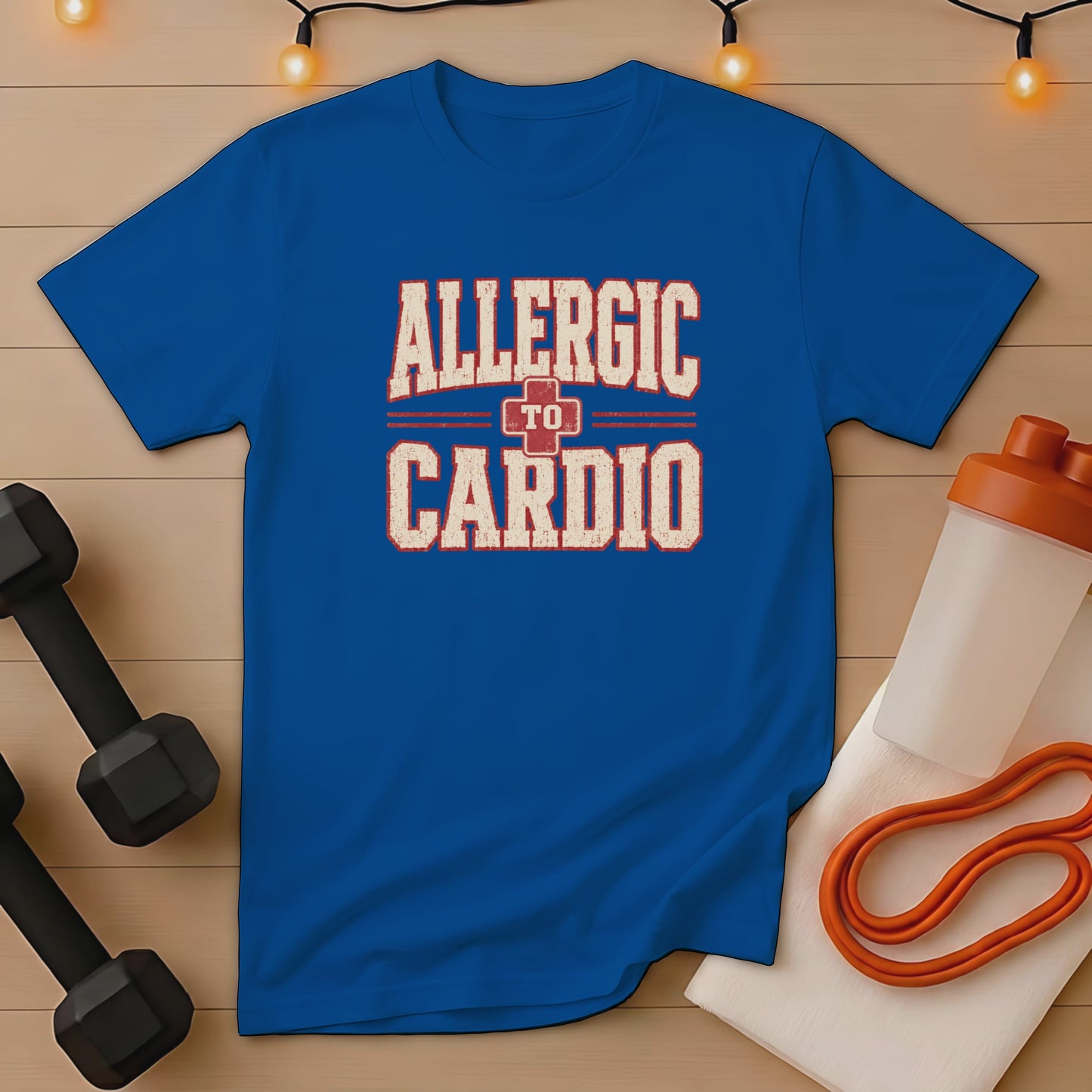 Blue t-shirt with "Allergic To Cardio" distressed text and workout gear.