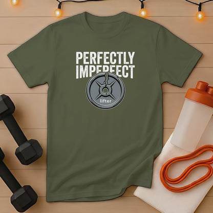 Olive t-shirt with "Perfectly Imperfect Lifter" text and cracked weight plate graphic.