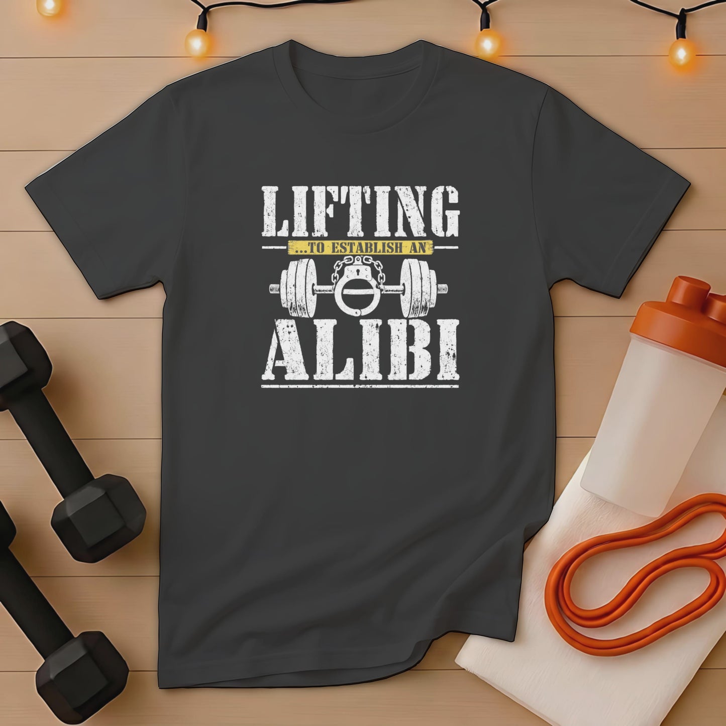 Gray t-shirt with text "Lifting ...to establish an alibi" with dumbbells and handcuffs.