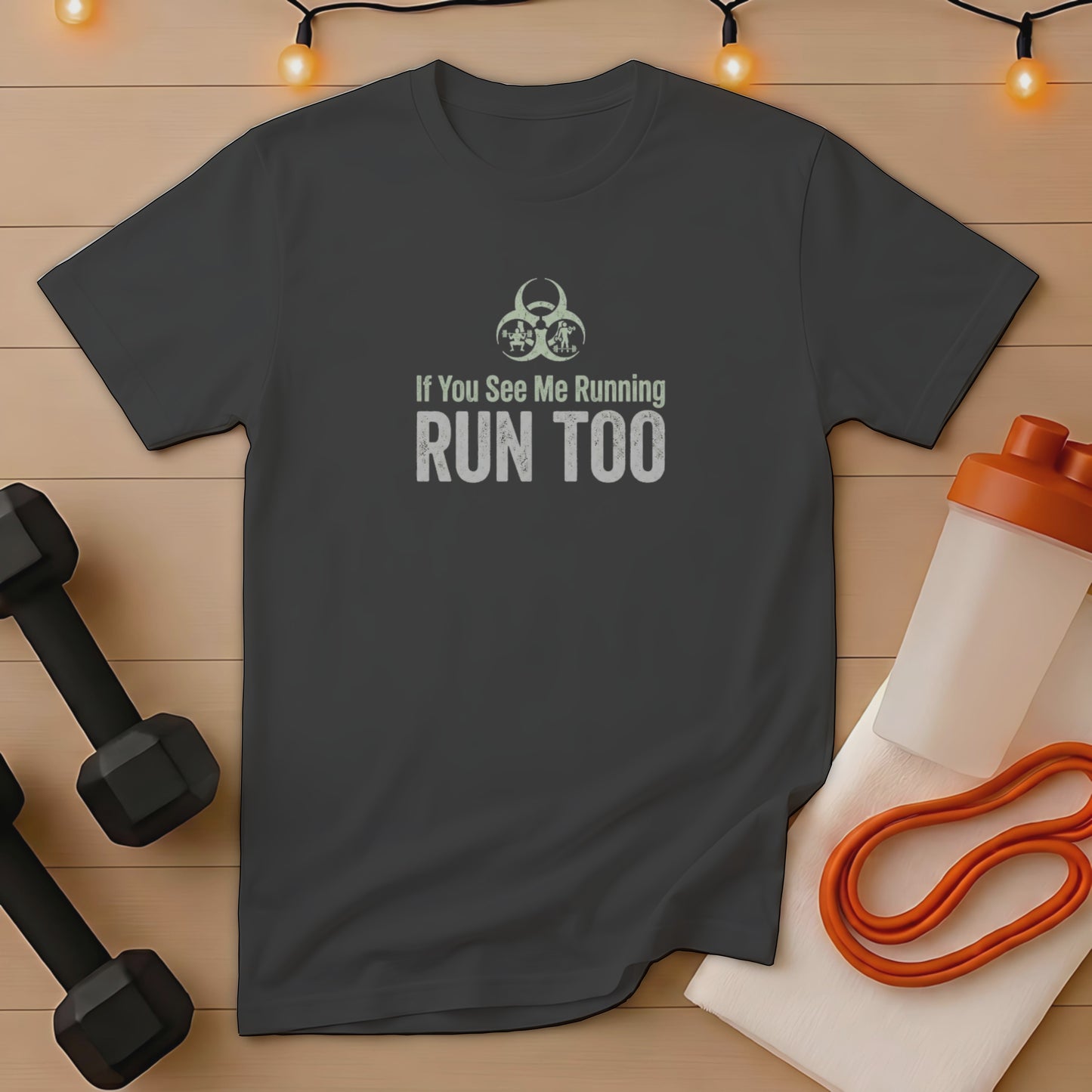 Dark t-shirt with "If You See Me Running RUN TOO" text and biohazard symbols.