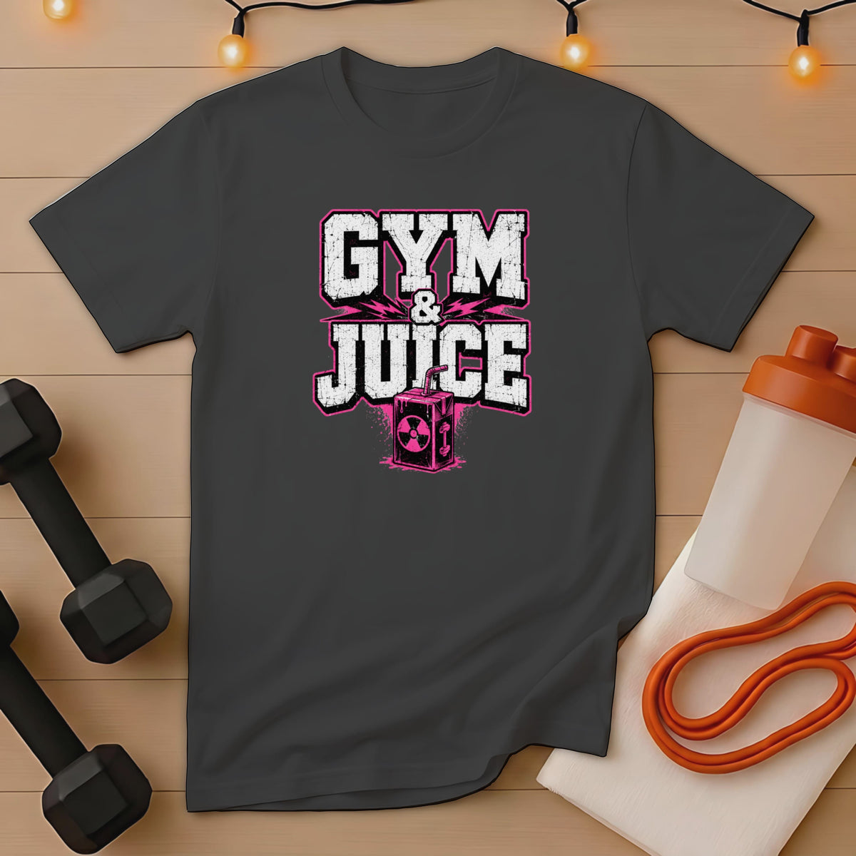 Dark grey t-shirt with "Gym & Juice" and a radioactive juice box graphic.