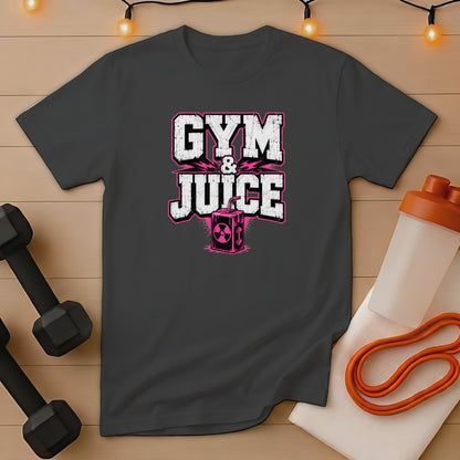 Dark grey t-shirt with "Gym & Juice" and a radioactive juice box graphic.