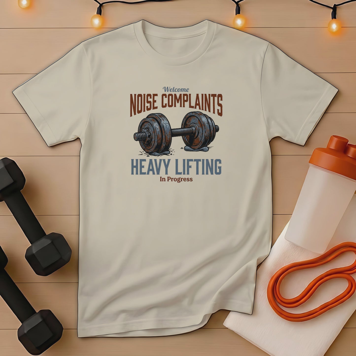 T-shirt with "Noise Complaints Heavy Lifting In Progress" text and barbell graphic.