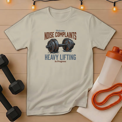 T-shirt with "Noise Complaints Heavy Lifting In Progress" text and barbell graphic.