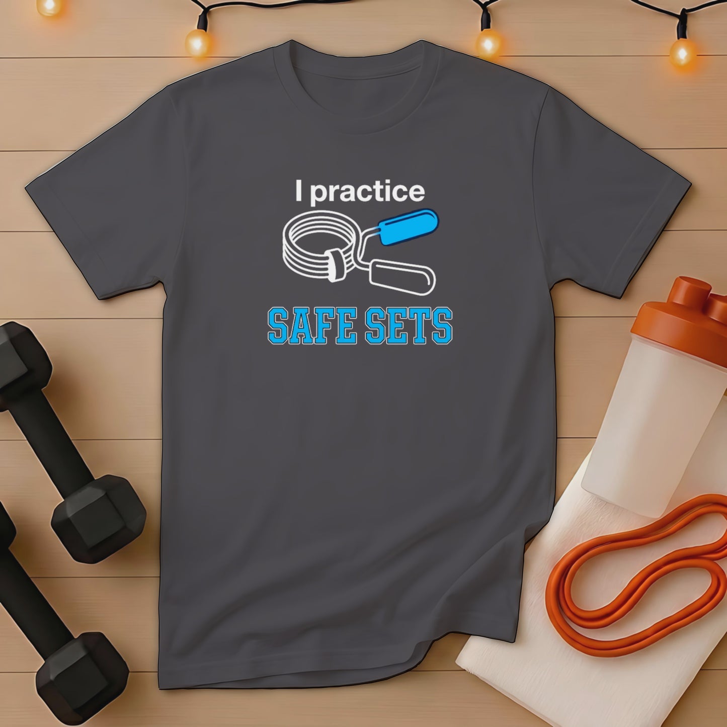 Dark grey t-shirt with "I practice SAFE SETS" text and jump rope graphic.