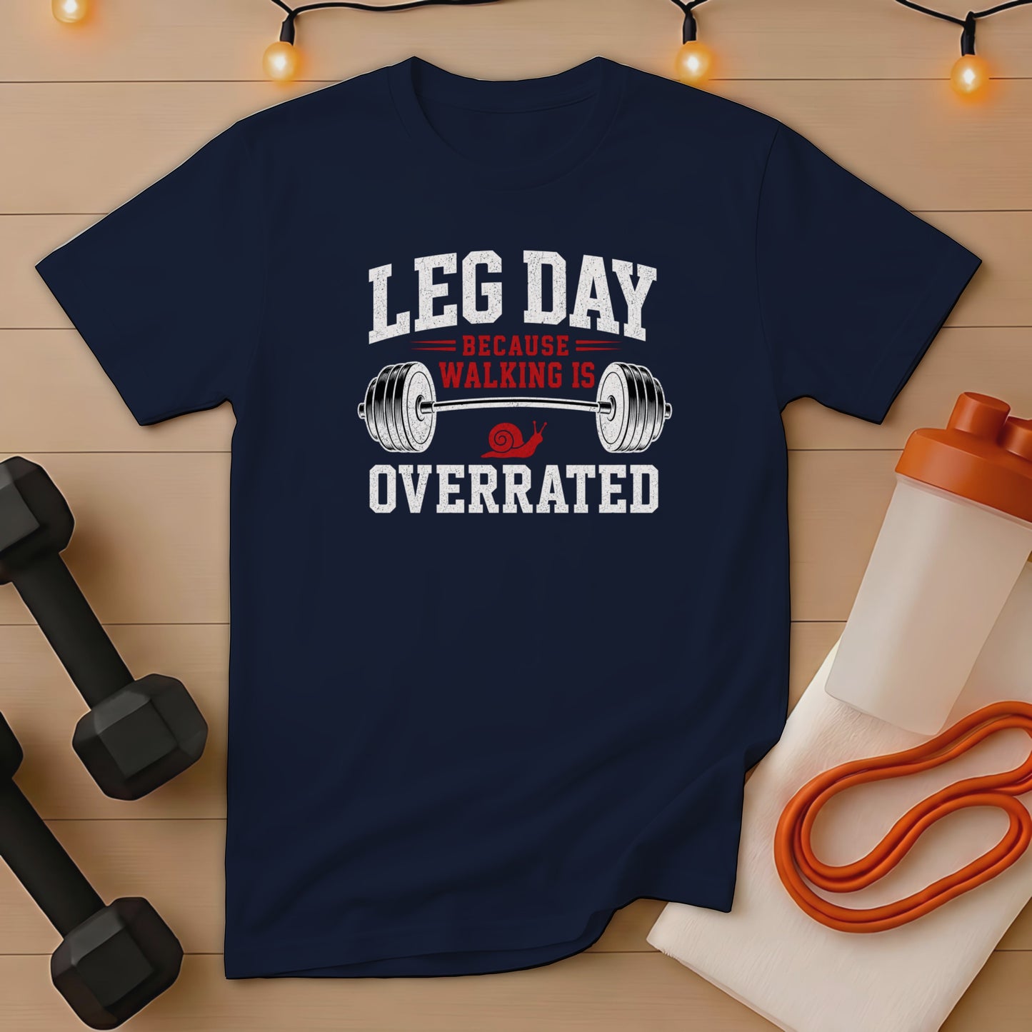 Navy t-shirt with "LEG DAY IS OVERRATED BECAUSE WALKING IS OVERRATED" text.