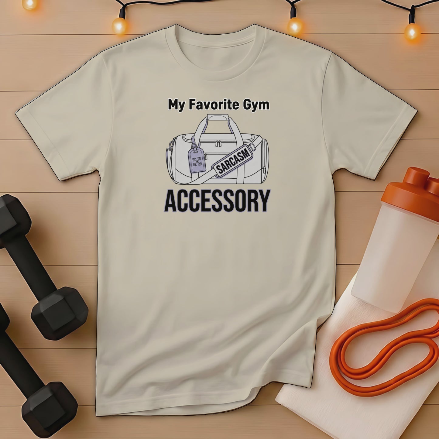 Cream t-shirt with "My Favorite Gym Accessory" and "SARCASTIC" gym bag graphic.