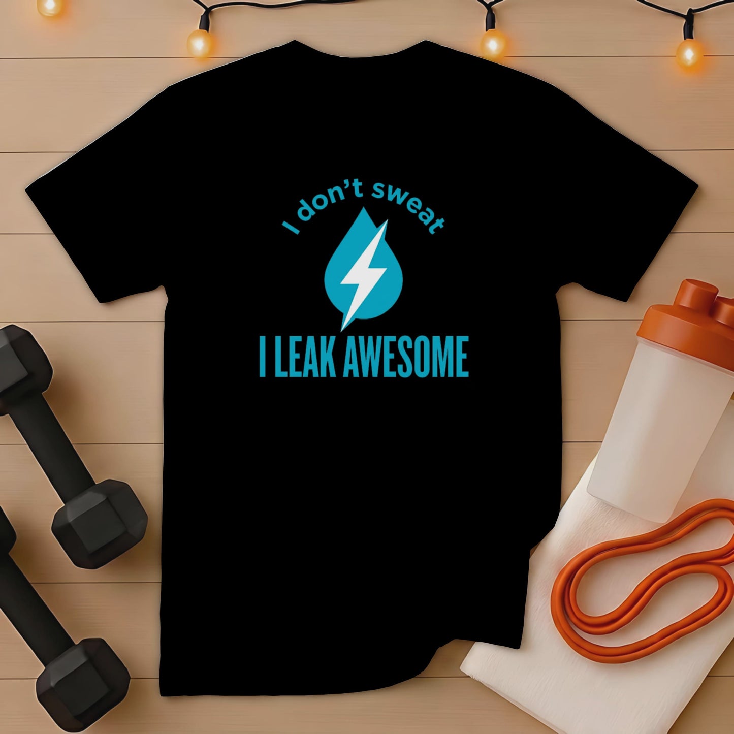 Black t-shirt with "I don't sweat I LEAK AWESOME" slogan and water drop logo.