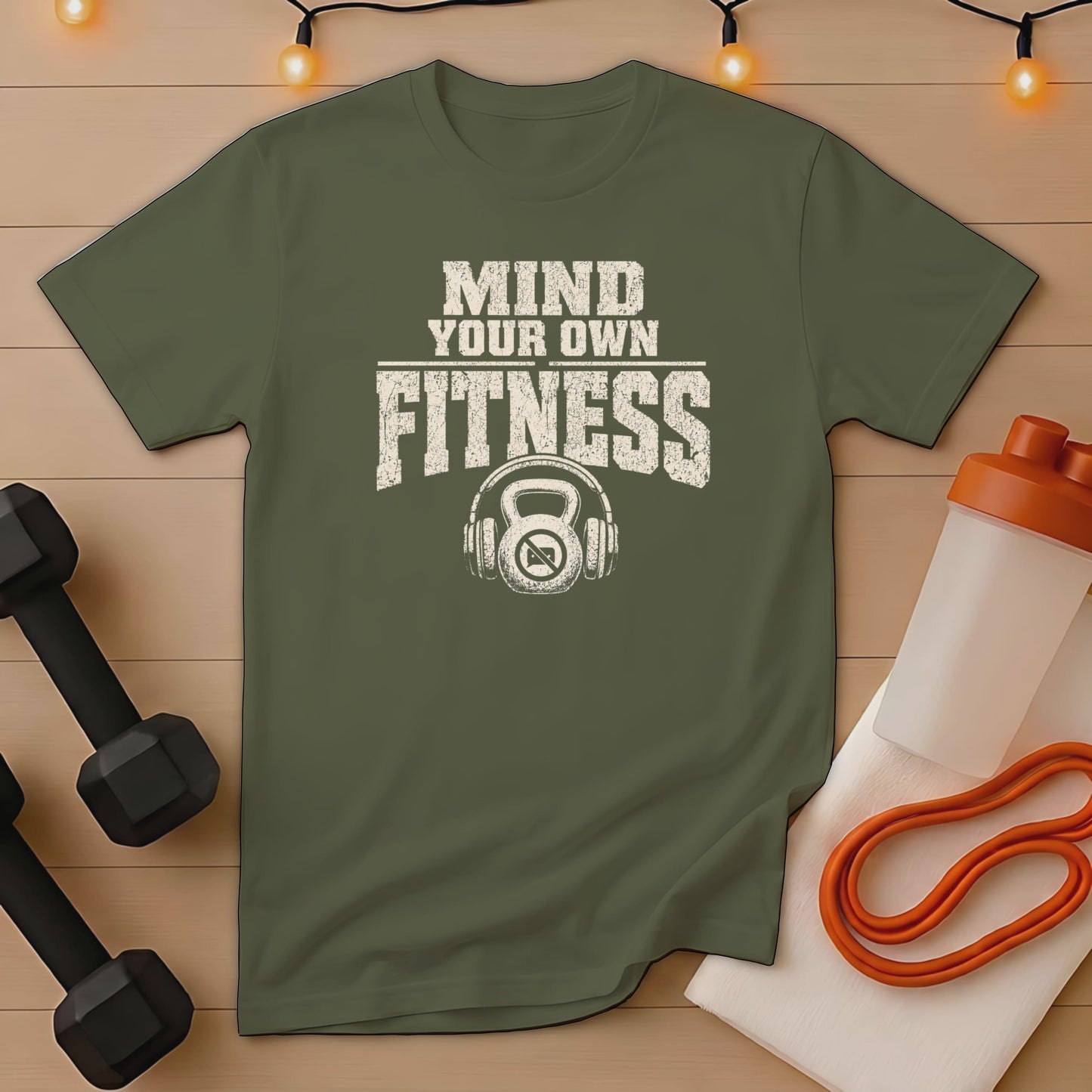 Green t-shirt with "Mind Your Own Fitness" text and a kettlebell wearing headphones.