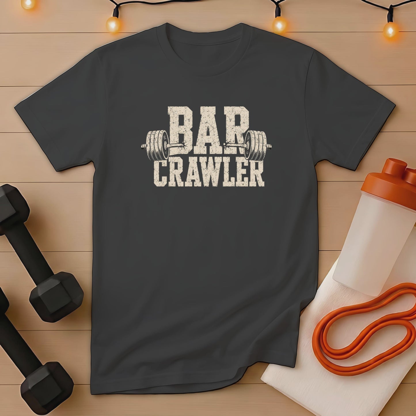 Dark gray t-shirt with "BAR CRAWLER" text and barbell graphic.