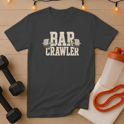 Dark gray t-shirt with "BAR CRAWLER" text and barbell graphic.