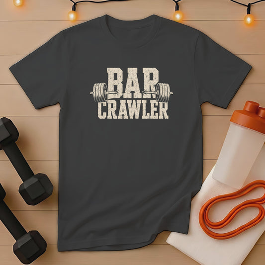 Dark gray t-shirt with "BAR CRAWLER" text and barbell graphic.