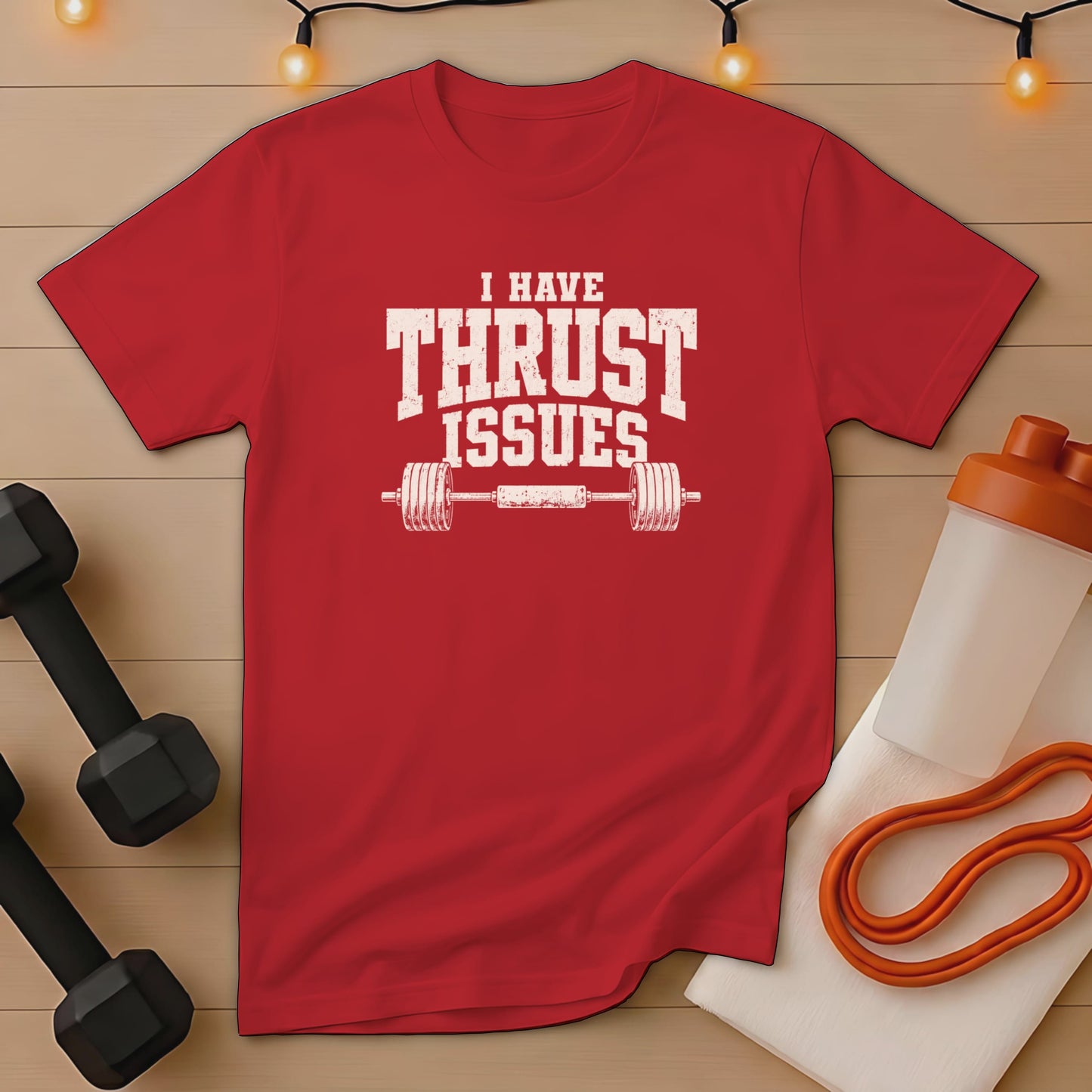 Red t-shirt with white text "I HAVE THRUST ISSUES" and barbell graphic.
