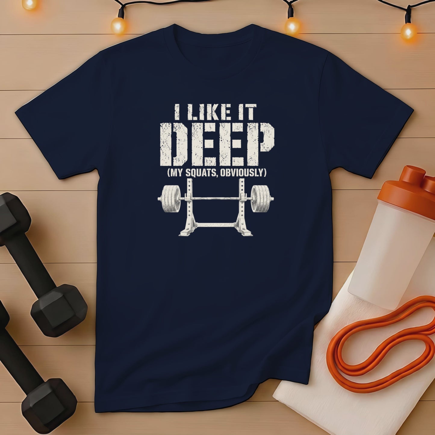 Navy t-shirt with "I LIKE IT DEEP (MY SQUATS, OBVIOUSLY)" and barbell graphic.