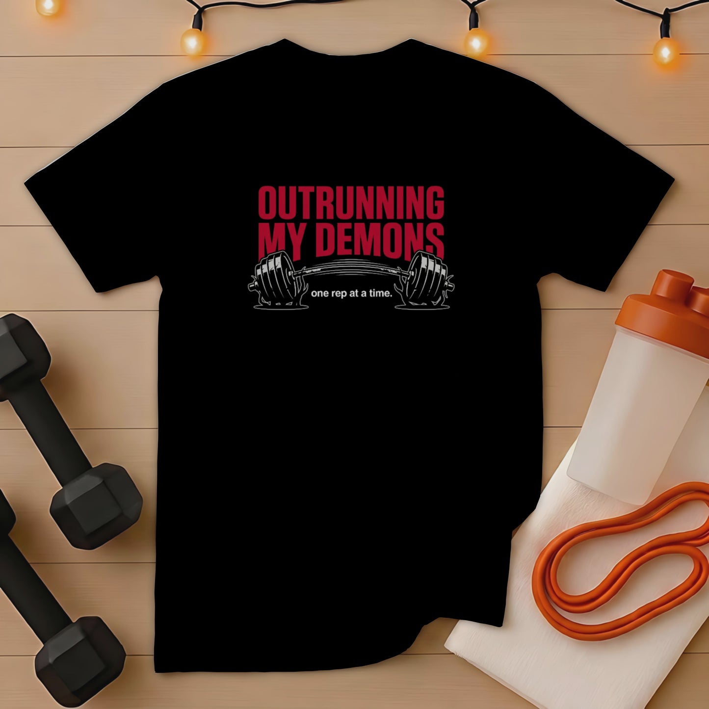 Black t-shirt with "Outrunning My Demons" and barbell graphic.