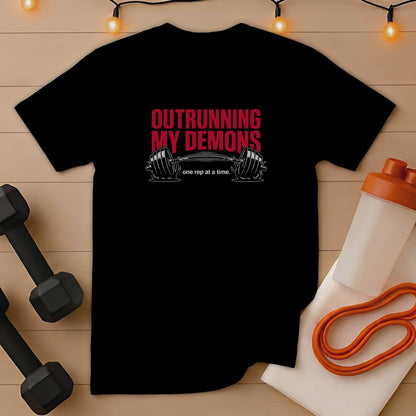Black t-shirt with "Outrunning My Demons" and barbell graphic.