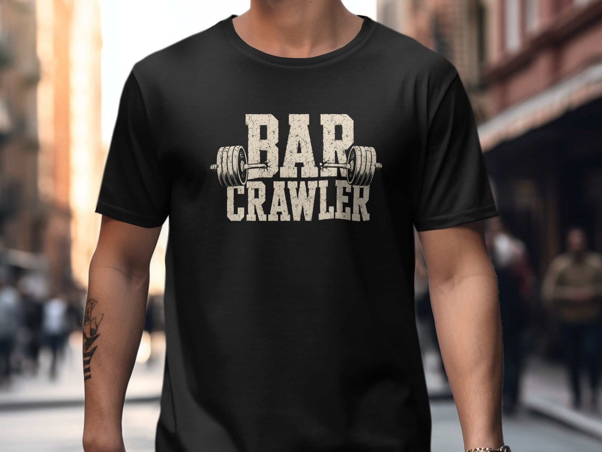 Black t-shirt with "BAR CRAWLER" text and barbell graphic.
