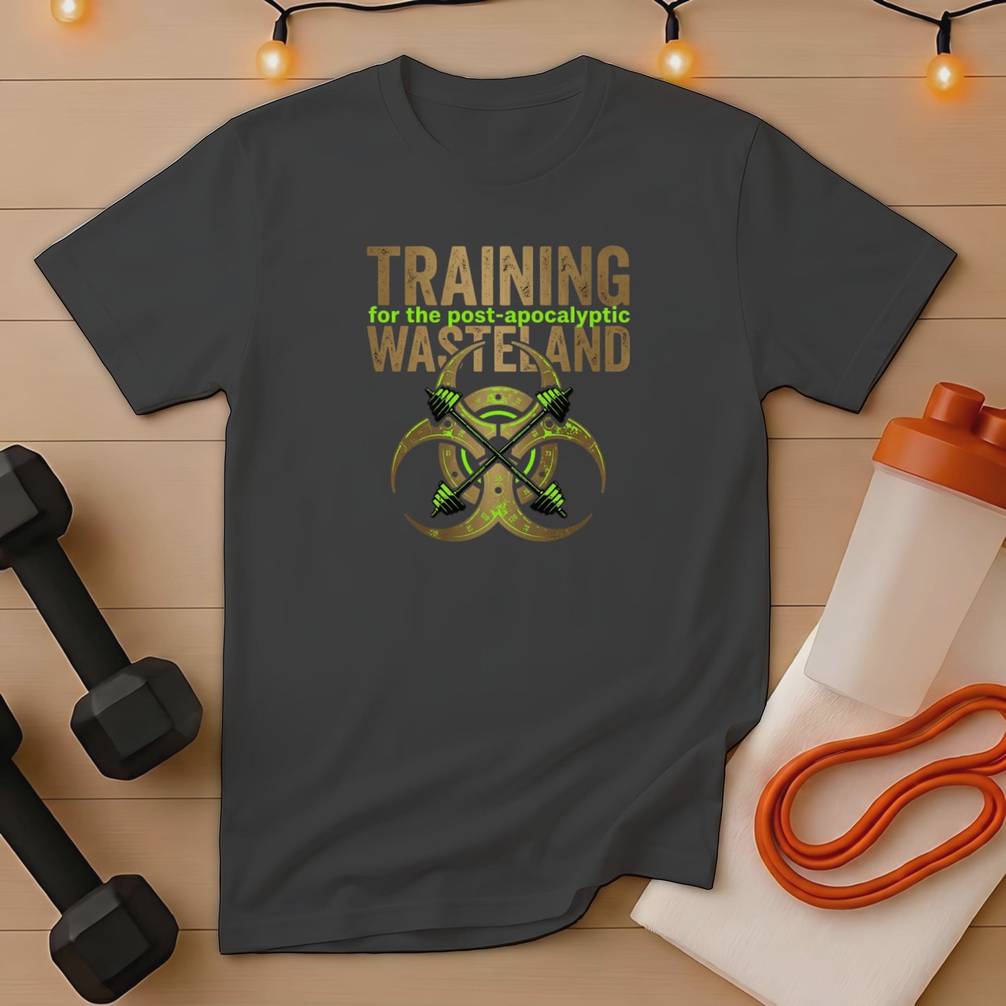 Dark grey t-shirt with "Training for the post-apocalyptic wasteland" text and biohazard symbol.