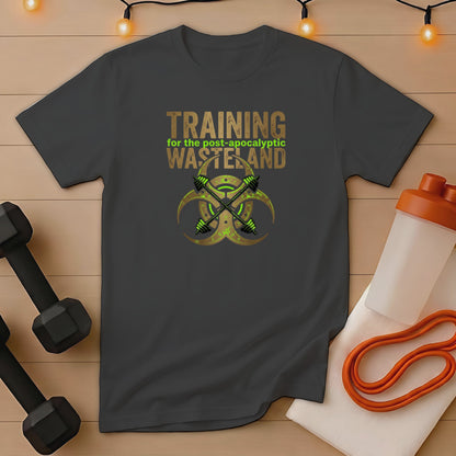 Dark grey t-shirt with "Training for the post-apocalyptic wasteland" text and biohazard symbol.