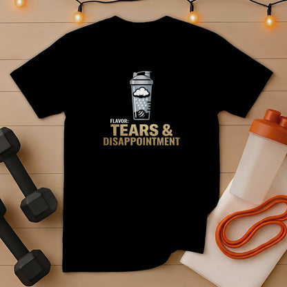 Black t-shirt with "TEARS & DISAPPOINTMENT" text and a cloud graphic.