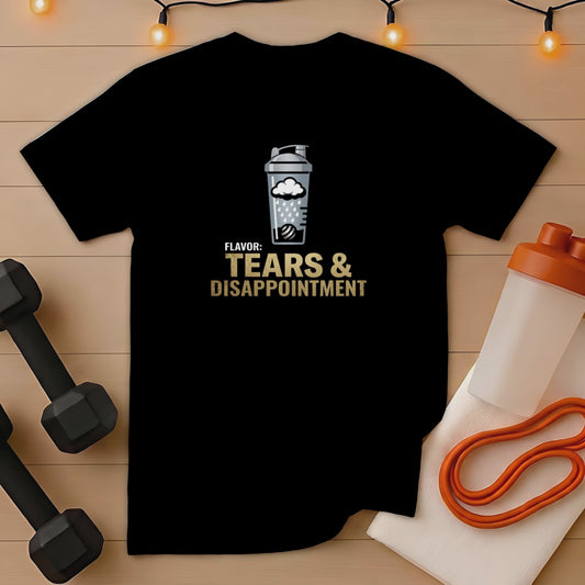 Black t-shirt with "TEARS & DISAPPOINTMENT" text and a cloud graphic.