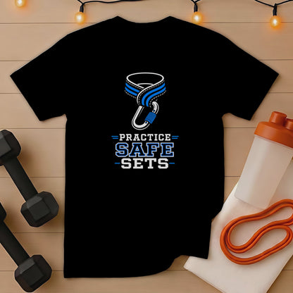 Black t-shirt with "PRACTICE SAFE SETS" text and carabiner graphic.