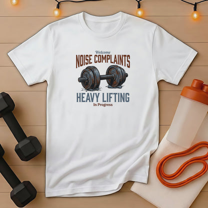 White t-shirt with "Noise Complaints Heavy Lifting" text and dumbbells.