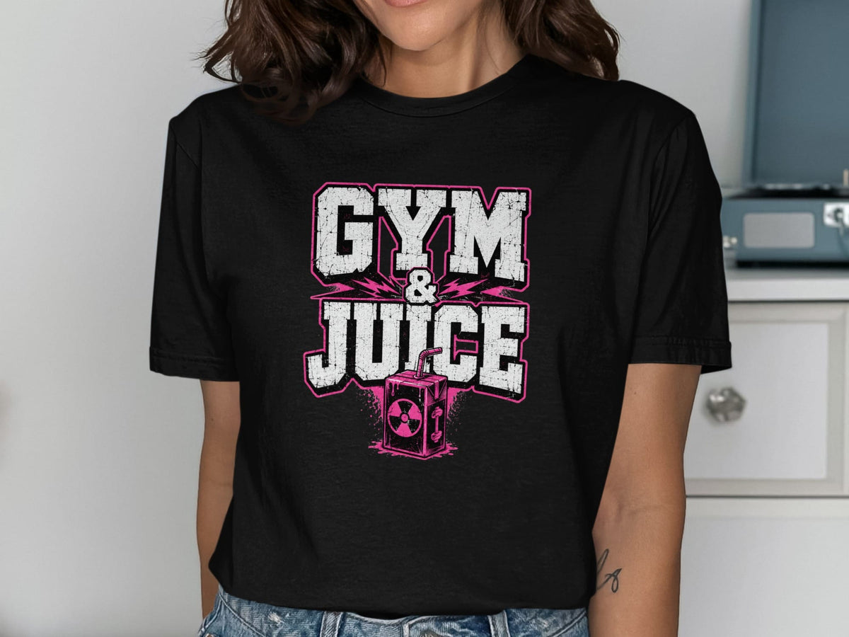 Black t-shirt with "Gym & Juice" text and a juice box with radiation symbol.
