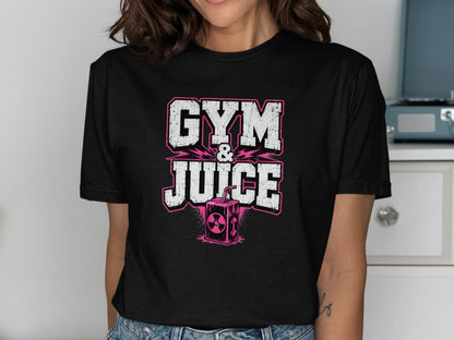 Black t-shirt with "Gym & Juice" text and a juice box with radiation symbol.