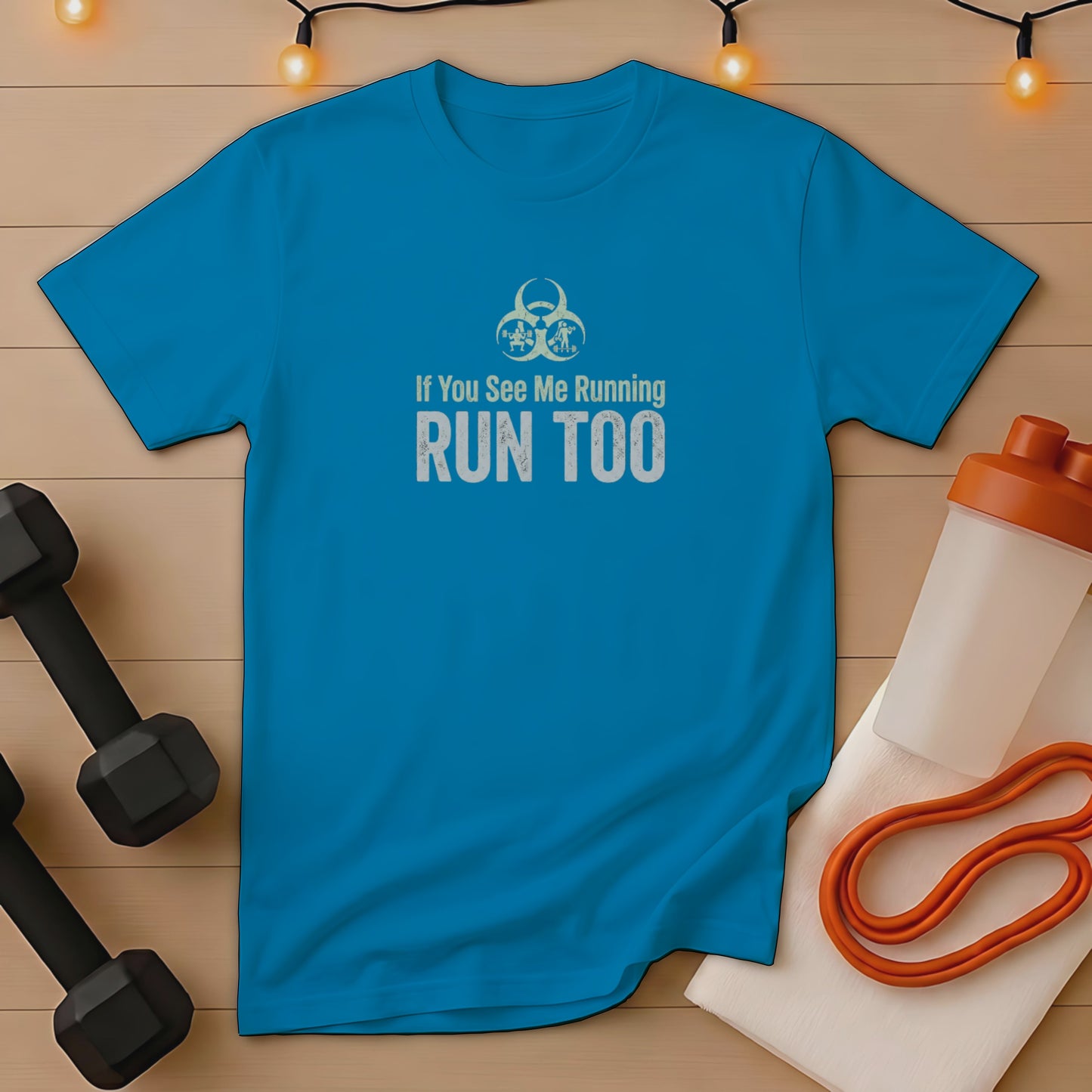 Blue t-shirt with "If You See Me Running RUN TOO" text and biohazard symbol.