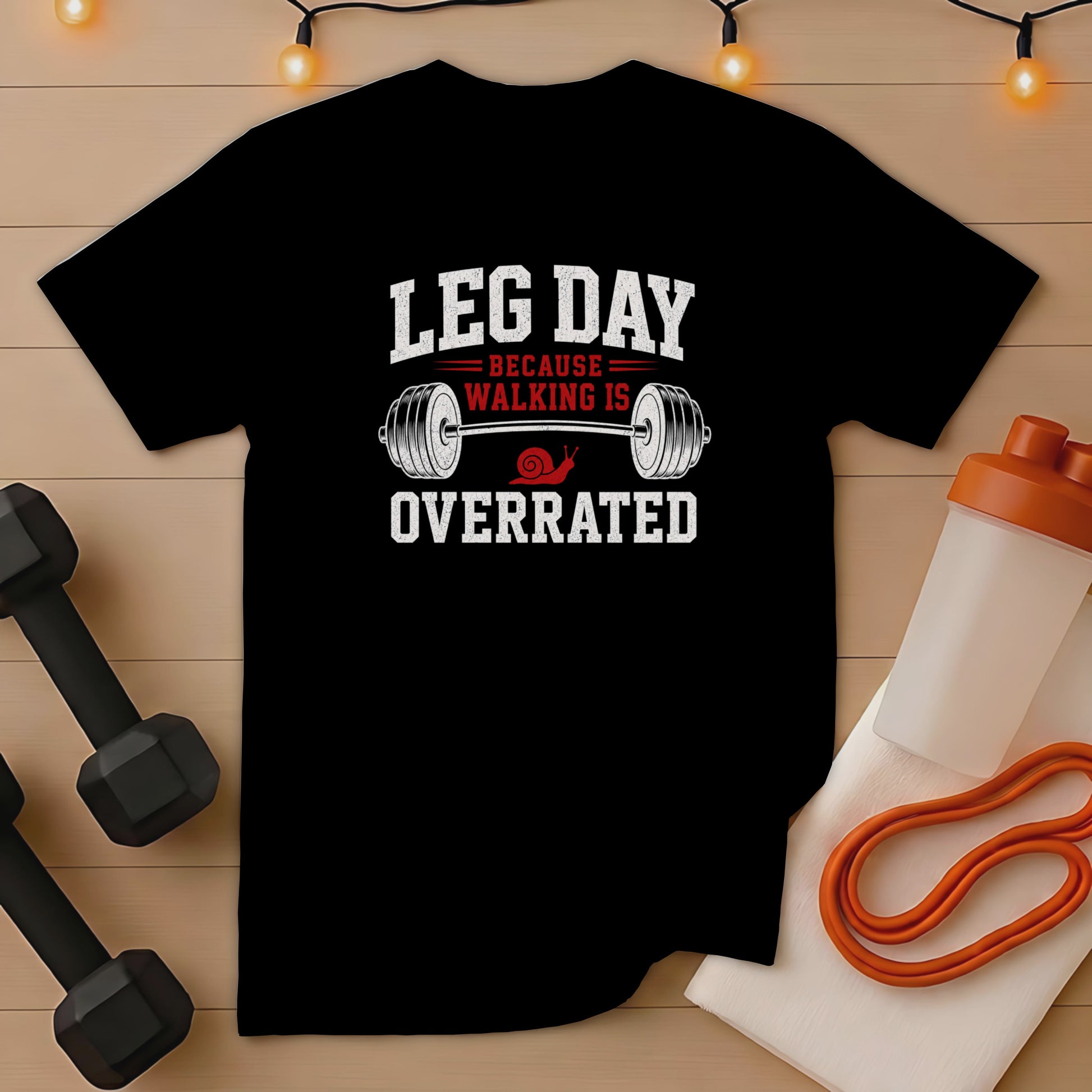 Black t-shirt with "LEG DAY IS OVERRATED" text and dumbbell graphic.