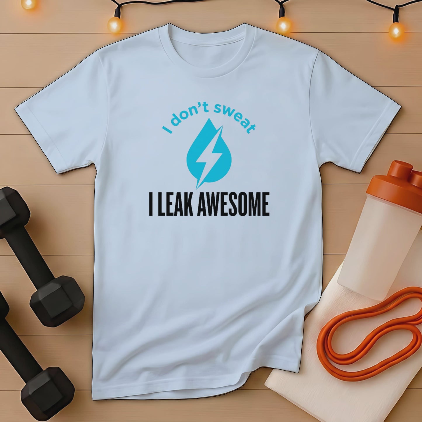 Light blue t-shirt with "I don't sweat I LEAK AWESOME" text and water drop graphic.