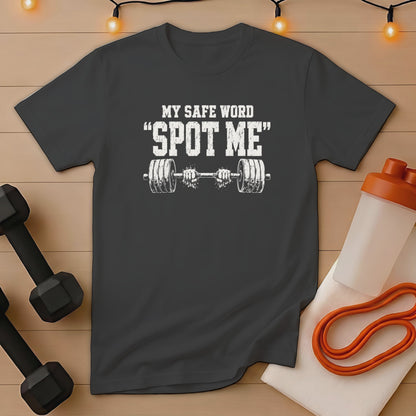 Dark gray t-shirt with white distressed text and barbell graphic; gym equipment surrounds it.