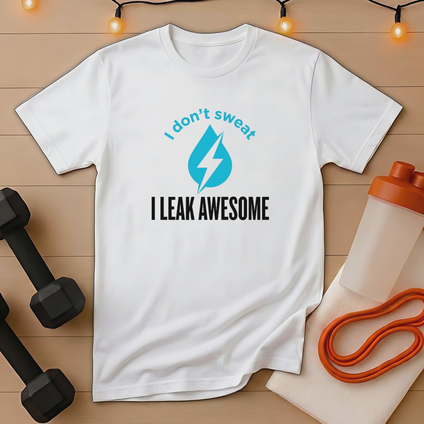 White t-shirt with blue "I don't sweat" and "I LEAK AWESOME" text.
