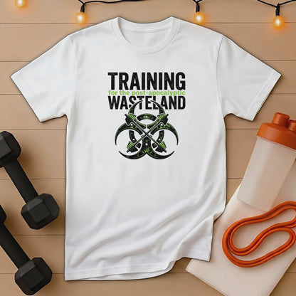 White t-shirt with "Training for the post-apocalyptic wasteland" and biohazard symbol.