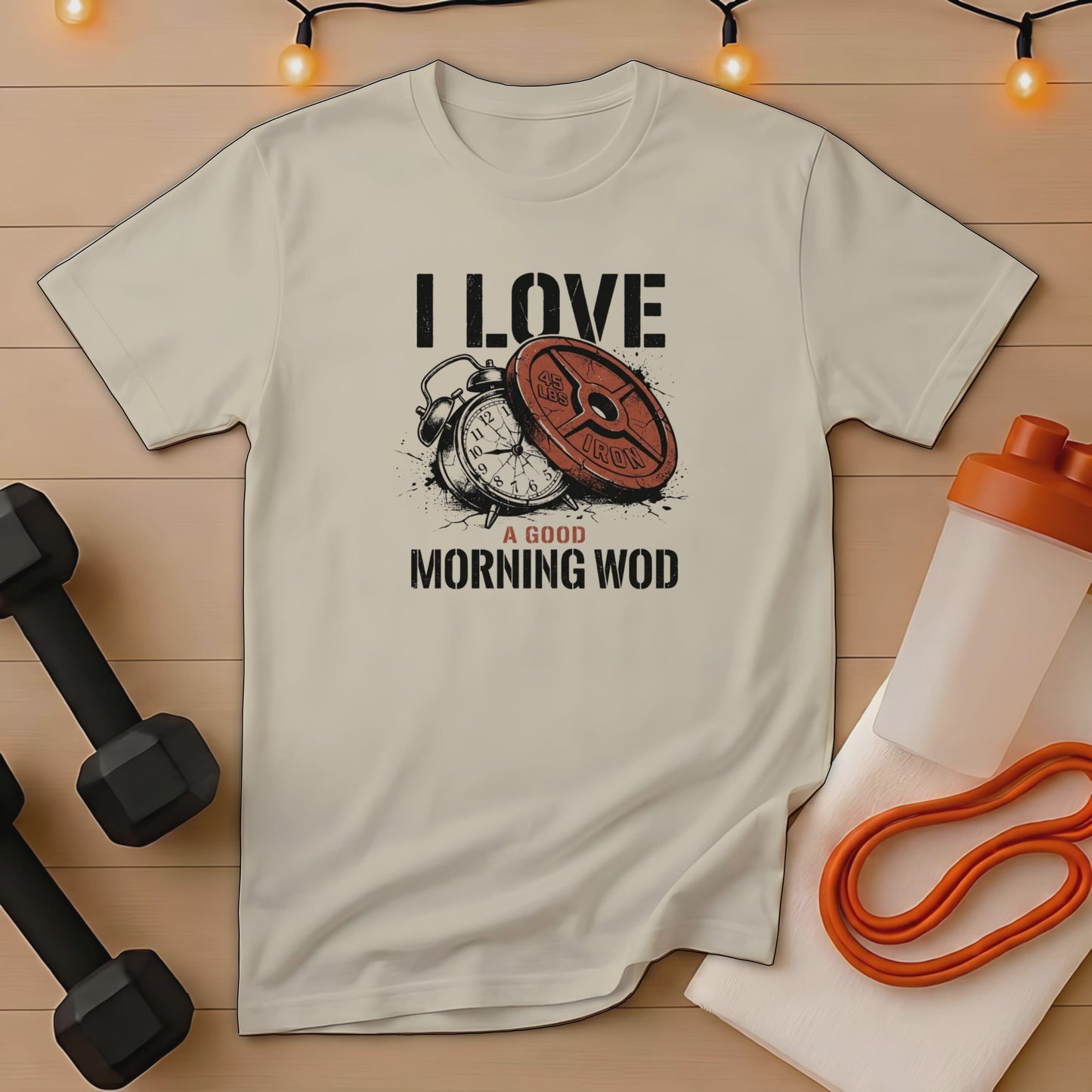 Light beige t-shirt with "I LOVE A GOOD MORNING WOD" graphic featuring alarm clock and weight plate.