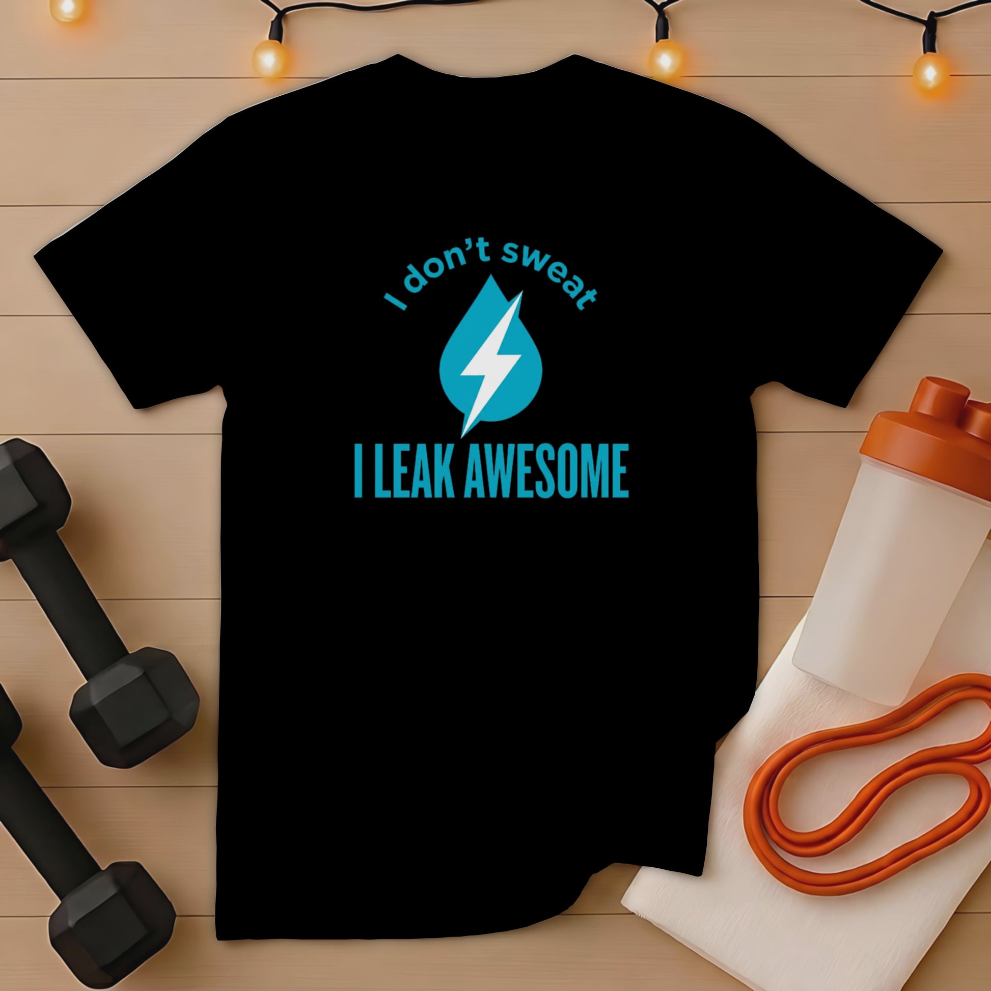 Black t-shirt with "I don't sweat I leak awesome" and a water droplet graphic.