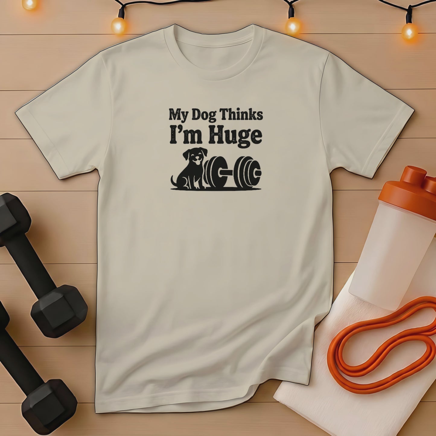 T-shirt with "My Dog Thinks I'm Huge" text and dog with barbell design.