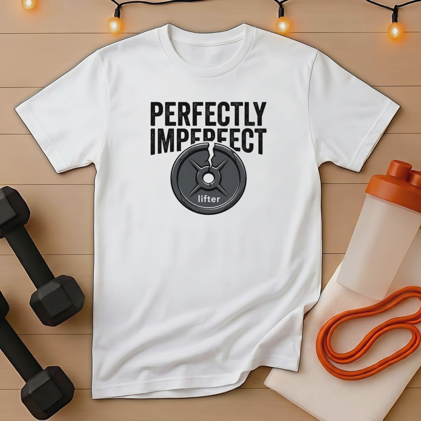 White t-shirt with "PERFECTLY IMPERFECT LIFTER" and barbell weight graphic.