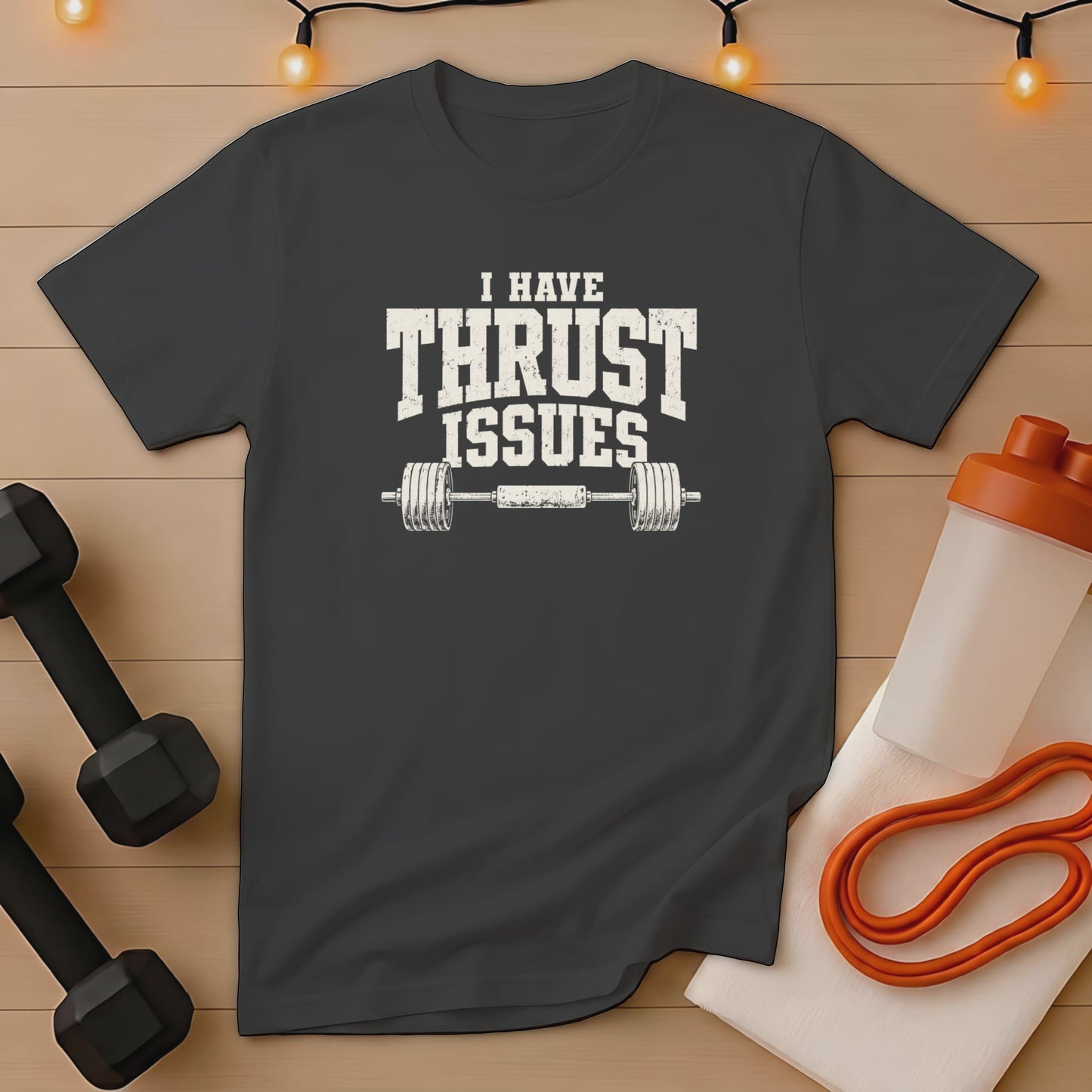 Dark gray t-shirt with "I HAVE THRUST ISSUES" and a barbell graphic.