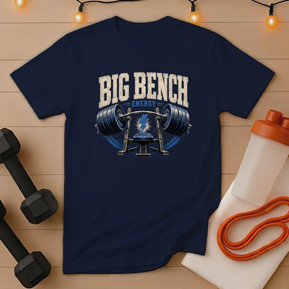 Navy t-shirt with "BIG BENCH ENERGY" text and barbell graphic.