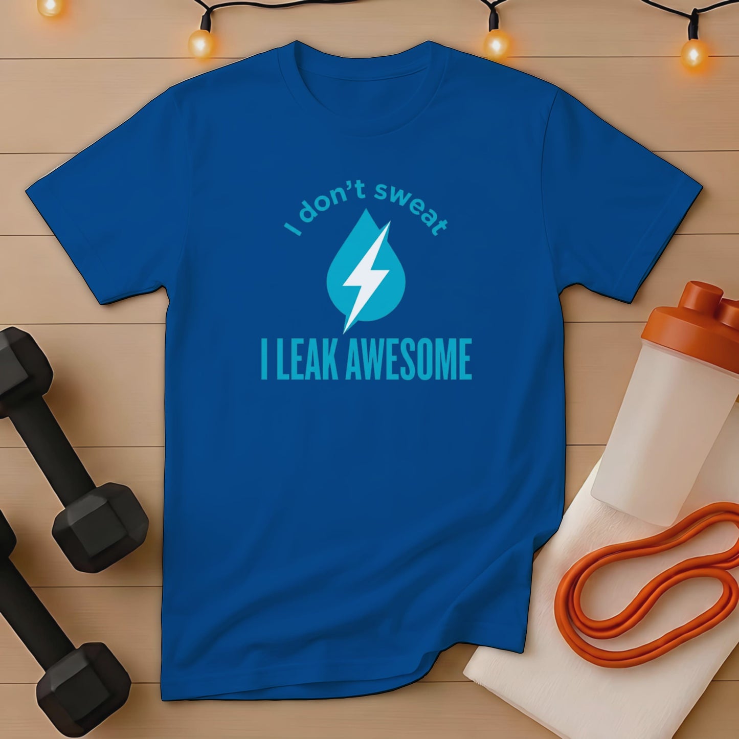 Blue t-shirt with "I don't sweat I leak awesome" text and lightning bolt graphic.