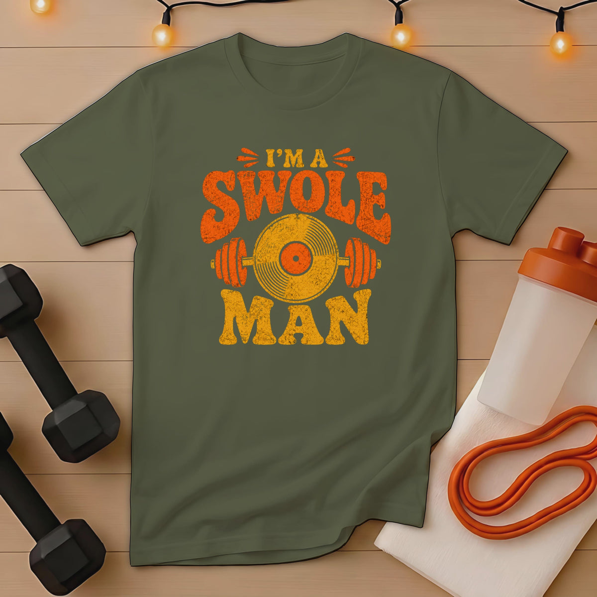 Olive t-shirt with distressed "I'm a Swole Man" graphic featuring a record and dumbbells.