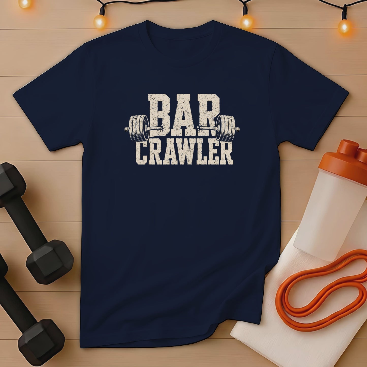 Navy t-shirt with "BAR CRAWLER" and barbell graphic.